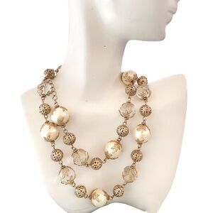 Elaborate large pearl and faceted crystal filagree 28” Long necklace